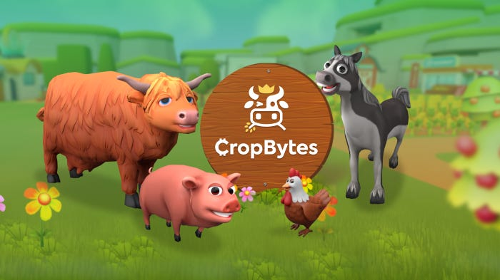 CropBytes cattle, pig, chicken and horse gathered around the original game logo