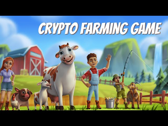 CropBytes farm characters with a cow, crops, a barn and a waterfall