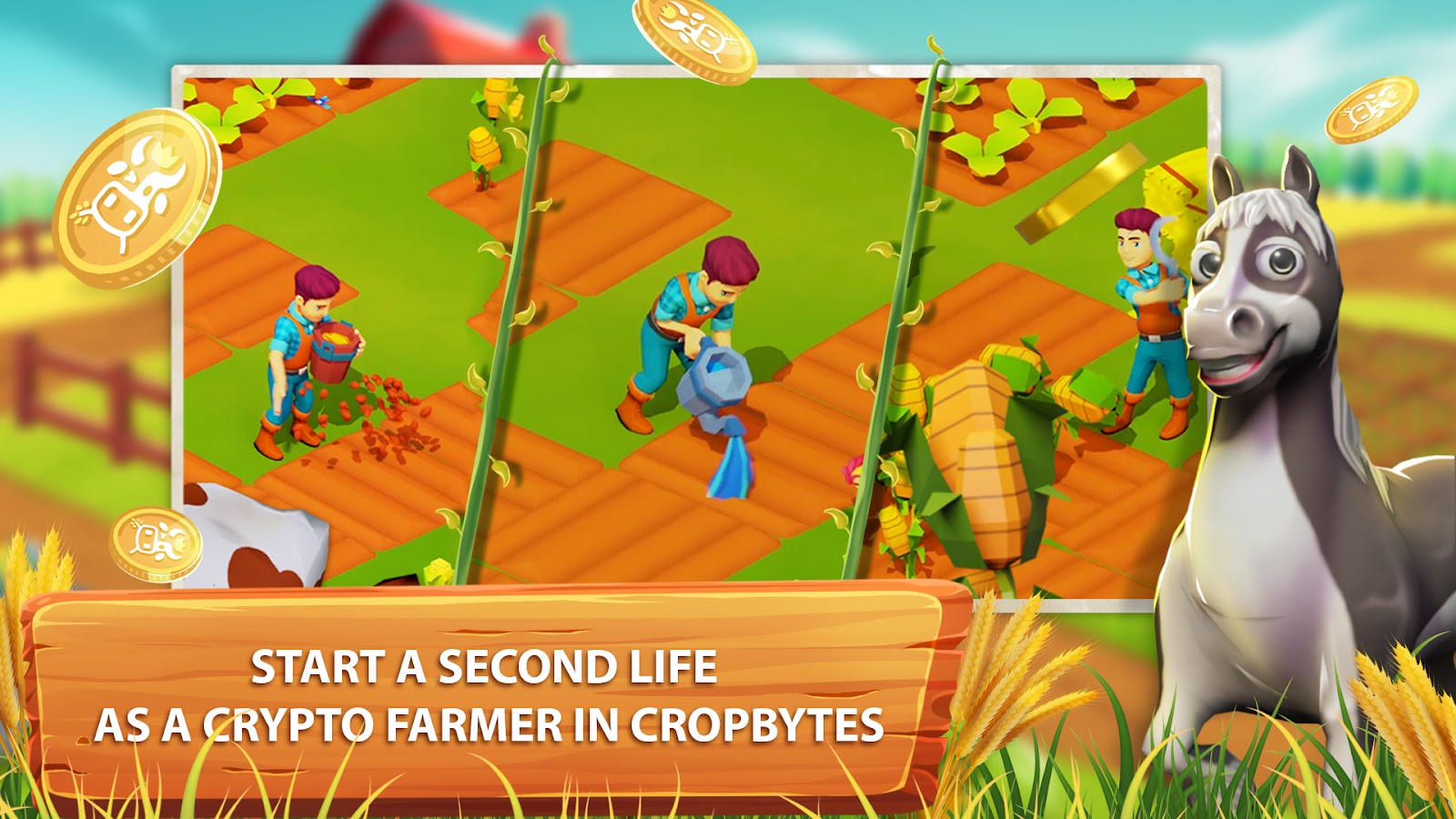 CropBytes farmers planting, watering and harvesting crops beside a friendly horse