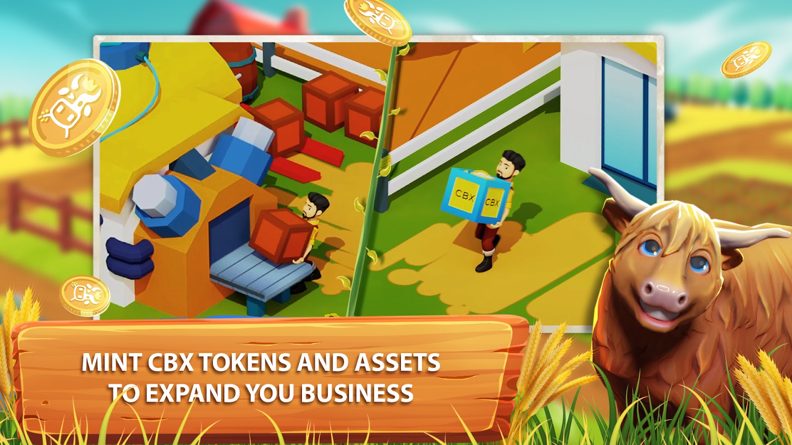 CropBytes workers processing goods and carrying CBX crates beside a Highland cow